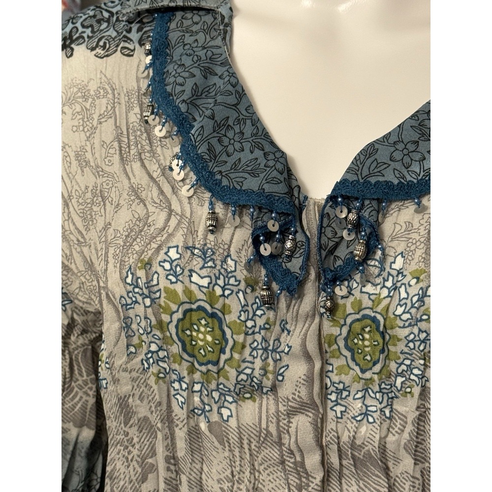 Boho Revival‎ Hippie Fairycore Large Embellished 3/4 Sleeve Ruffles Floral Blues